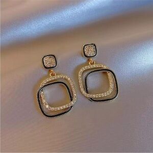 Geometric Character Rhinestones Earrings Women Double Layer Square Fashion .